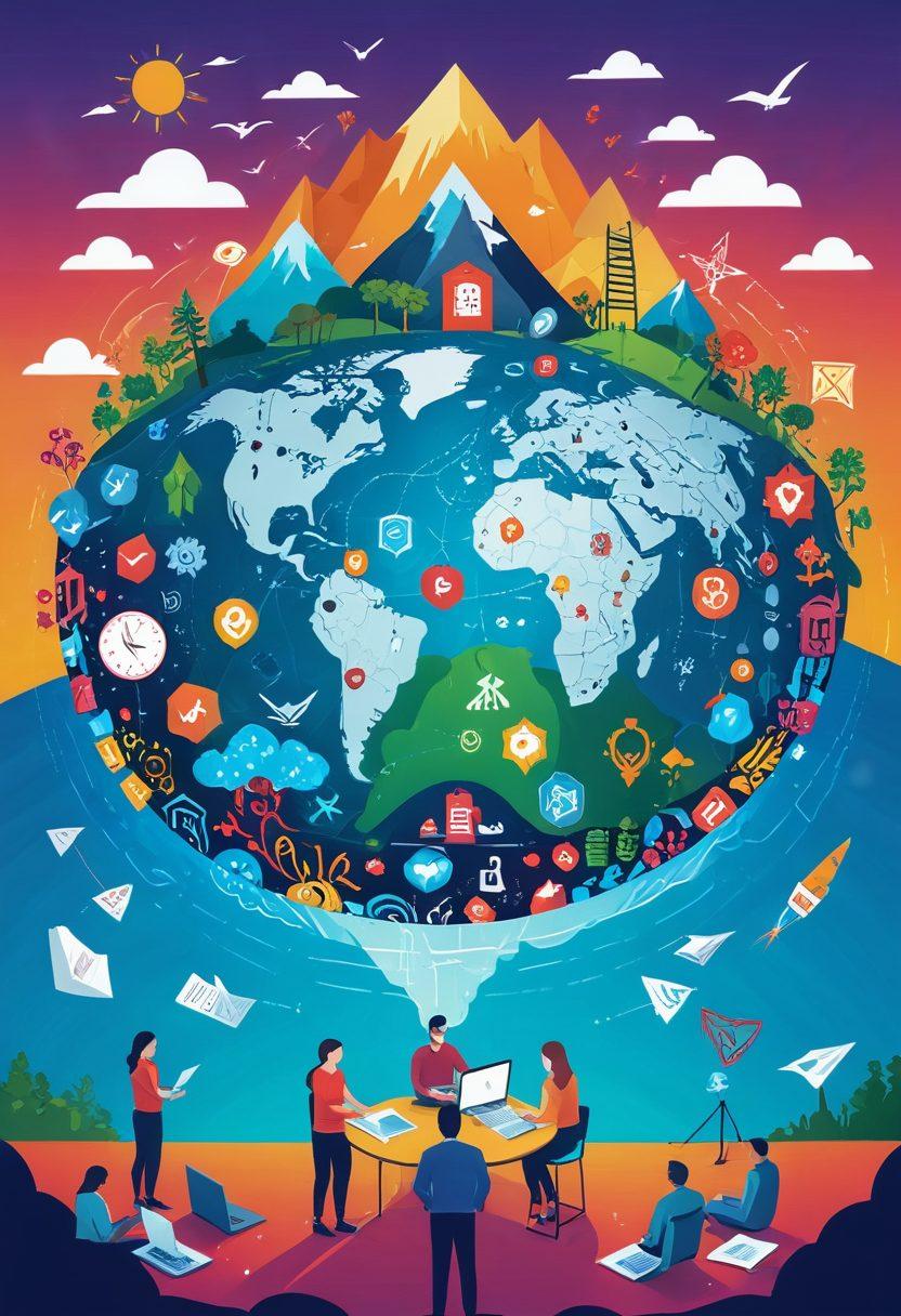 An illustrated landscape depicting a vibrant digital world filled with various insurance policy icons and symbols, like shields and paperwork, floating around a compass symbolizing guidance. Include diverse people engaging with digital devices, analyzing policies on screens in a friendly, cooperative atmosphere. The background should incorporate a flowing river made of binary code, symbolizing the navigation through digital waters. bright colors. vector art.