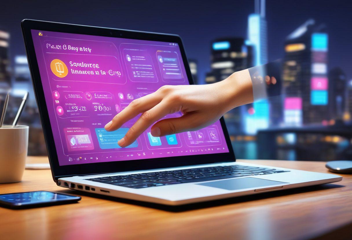 An open laptop on a desk displaying colorful infographics about digital insurance. Surrounding the laptop are floating quotation marks and digital icons representing claims and policy management. A hand is reaching out to a glowing touchscreen, symbolizing interaction with technology. The background is a blurred urban setting to convey a modern lifestyle. bright and vibrant colors. super-realistic.
