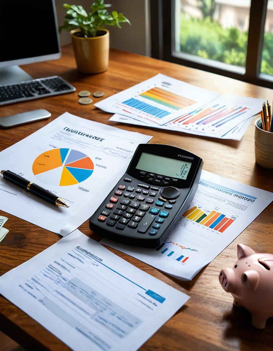 A thoughtful individual studying multiple insurance policy documents on a wooden desk, surrounded by calculators and colorful charts depicting coverage options and prices. A subtle sunlight stream illuminates the workspace, creating a warm and inviting atmosphere. Include visual metaphors like a shield symbolizing protection and a magnifying glass over the documents for clarity. The background subtly hints at affordability, perhaps with a piggy bank or coins in view. super-realistic. vibrant colors. warm tones.